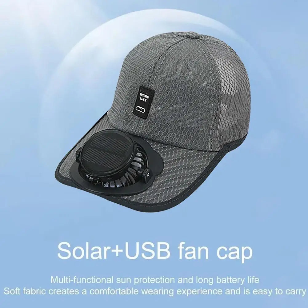 Solar & USB Charging Fan Hat Outdoor Summer Breathable Mesh Sun Cap Anti-UV Cooling Baseball Cap for Hiking Fishing Sport