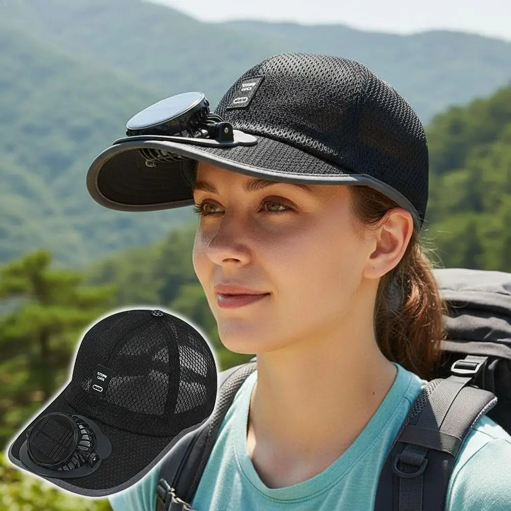Solar & USB Charging Fan Hat Outdoor Summer Breathable Mesh Sun Cap Anti-UV Cooling Baseball Cap for Hiking Fishing Sport