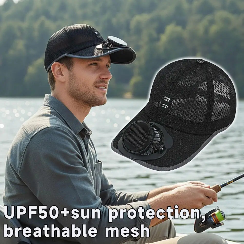 Solar & USB Charging Fan Hat Outdoor Summer Breathable Mesh Sun Cap Anti-UV Cooling Baseball Cap for Hiking Fishing Sport