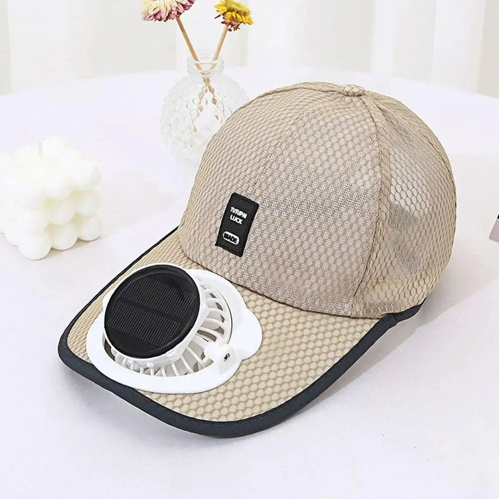 Solar & USB Charging Fan Hat Outdoor Summer Breathable Mesh Sun Cap Anti-UV Cooling Baseball Cap for Hiking Fishing Sport